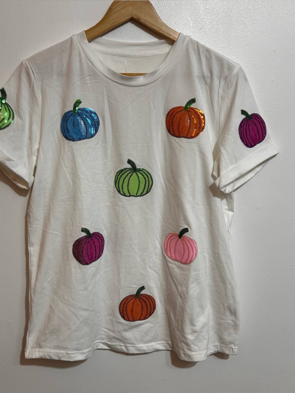 White Tee with Colorful Sequin Pumpkins